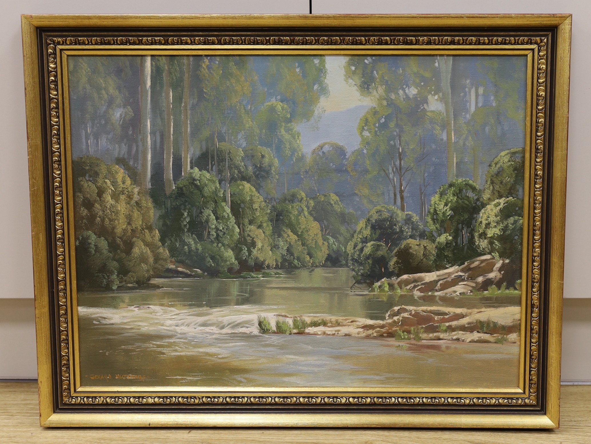 Gerald Mutsaers (Australian, b.1947), oil on board, 'Morning Light, Yarra River, Warburton', signed, titled verso, 44 x 59cm